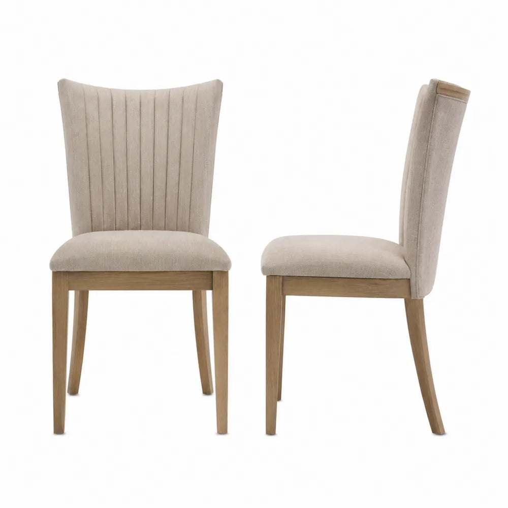 Chaises en tissu beige avec pieds en bois de chêne, lot de deux