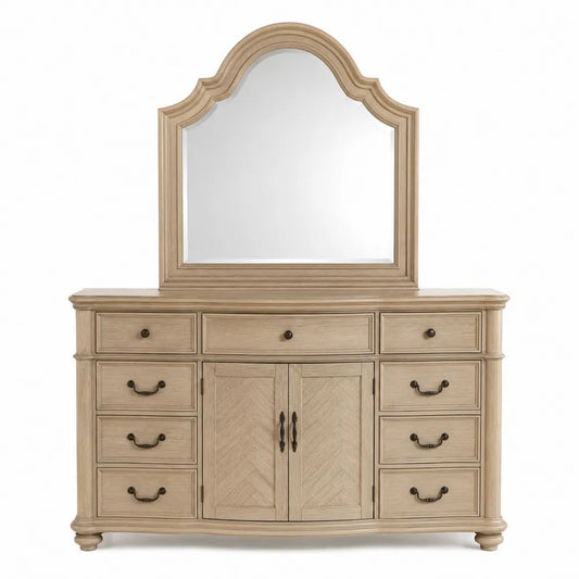 Commode en bois de chêne avec miroir et 9 tiroirs beige