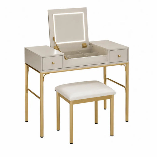 Coiffeuse en métal doré et MDF blanc avec miroir LED et tabouret