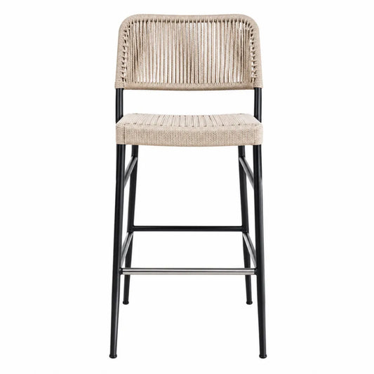 Tabouret de bar en corde polyester beige et métal noir