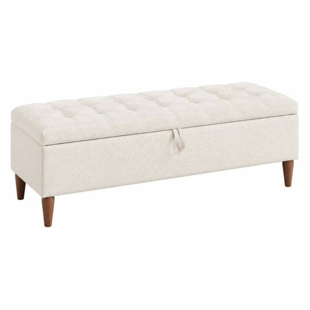 Banc de rangement en tissu lin beige avec pieds en bois