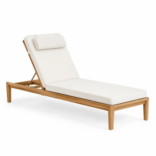 Chaise longue en teck avec coussin polyester blanc