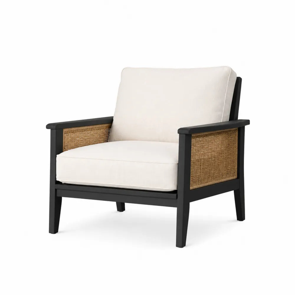 Fauteuil en bois et rotin avec coussins en polyester beige