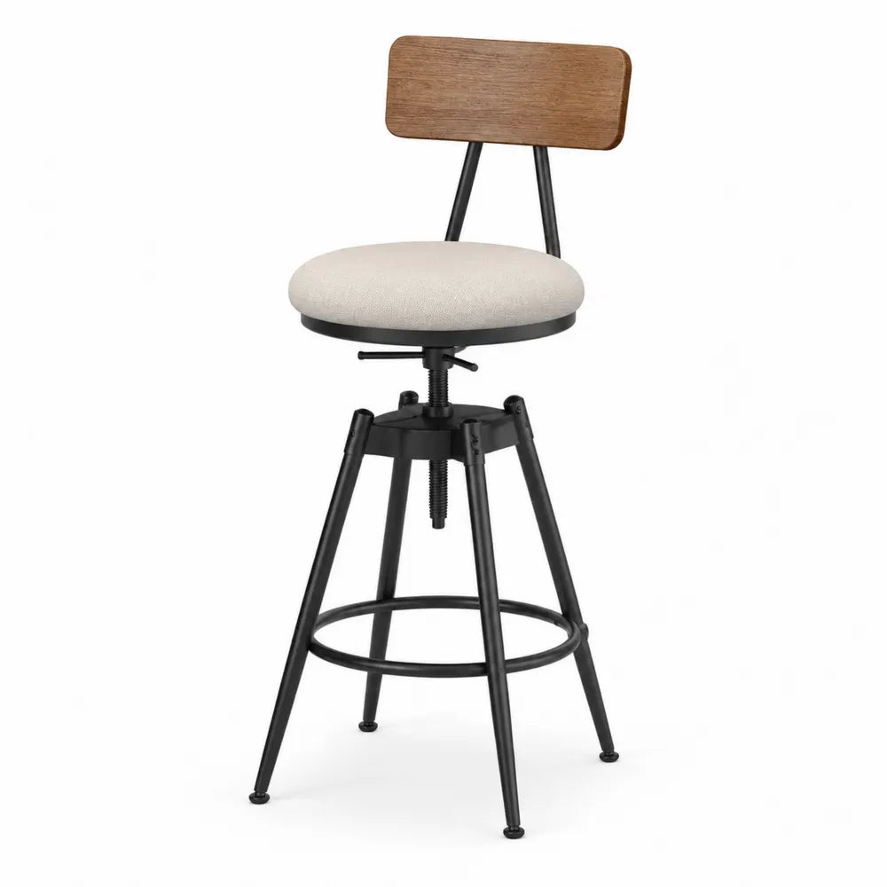 Tabouret de bar en métal avec siège en tissu beige et dossier en bois