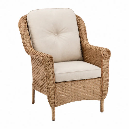 Fauteuil en rotin synthétique beige avec coussins amovibles