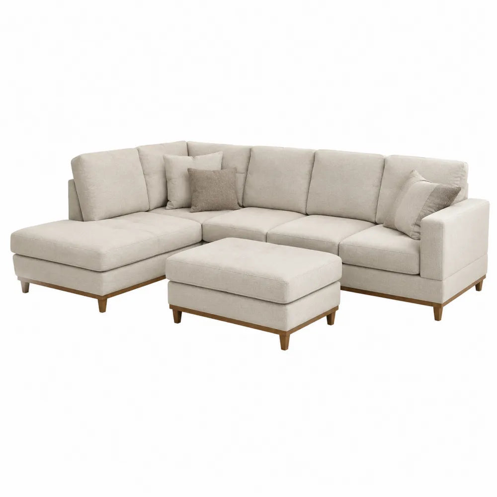 Canapé d'angle modulaire en tissu polyester beige avec pouf, structure en bois