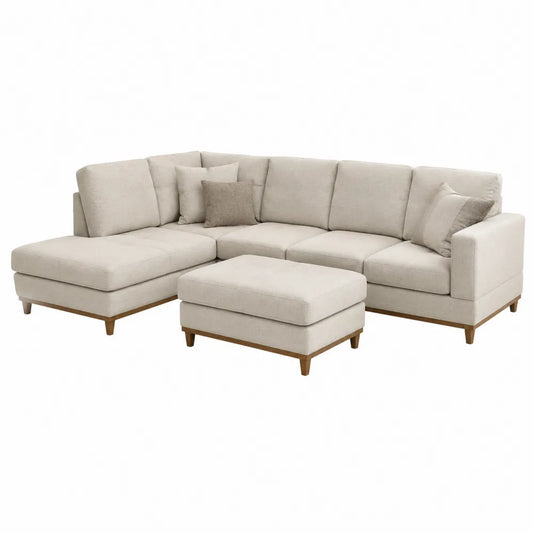 Canapé d'angle modulaire en tissu polyester beige avec pouf, structure en bois