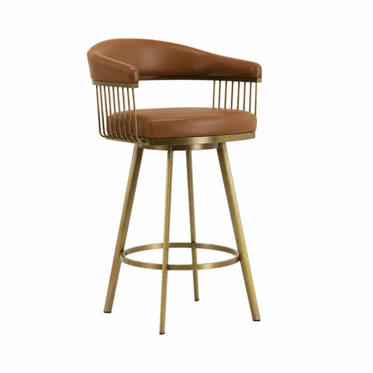 Tabouret de bar en cuir synthétique marron avec structure en métal doré