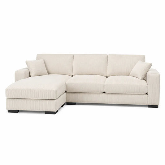Canapé d'angle en tissu côtelé beige avec méridienne