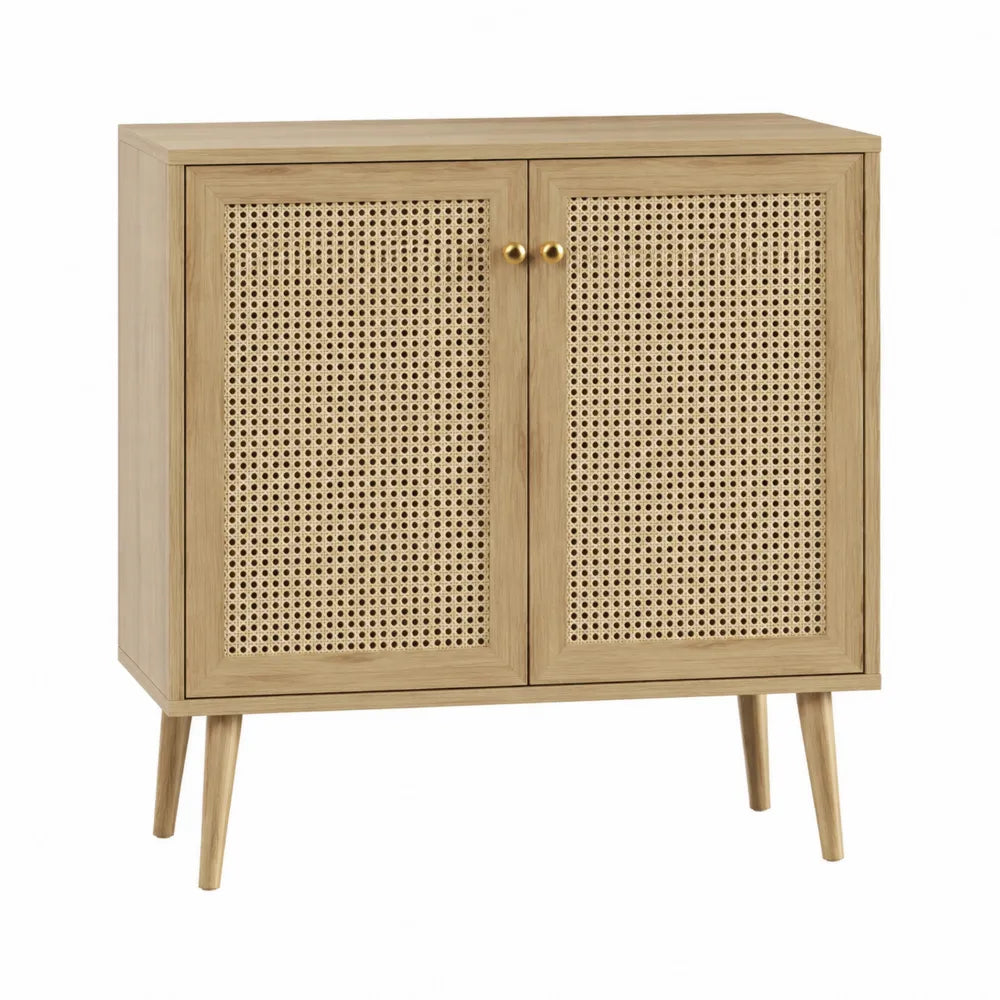 Buffet en bois avec portes en rotin et chêne clair