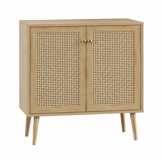 Buffet en bois avec portes en rotin et chêne clair