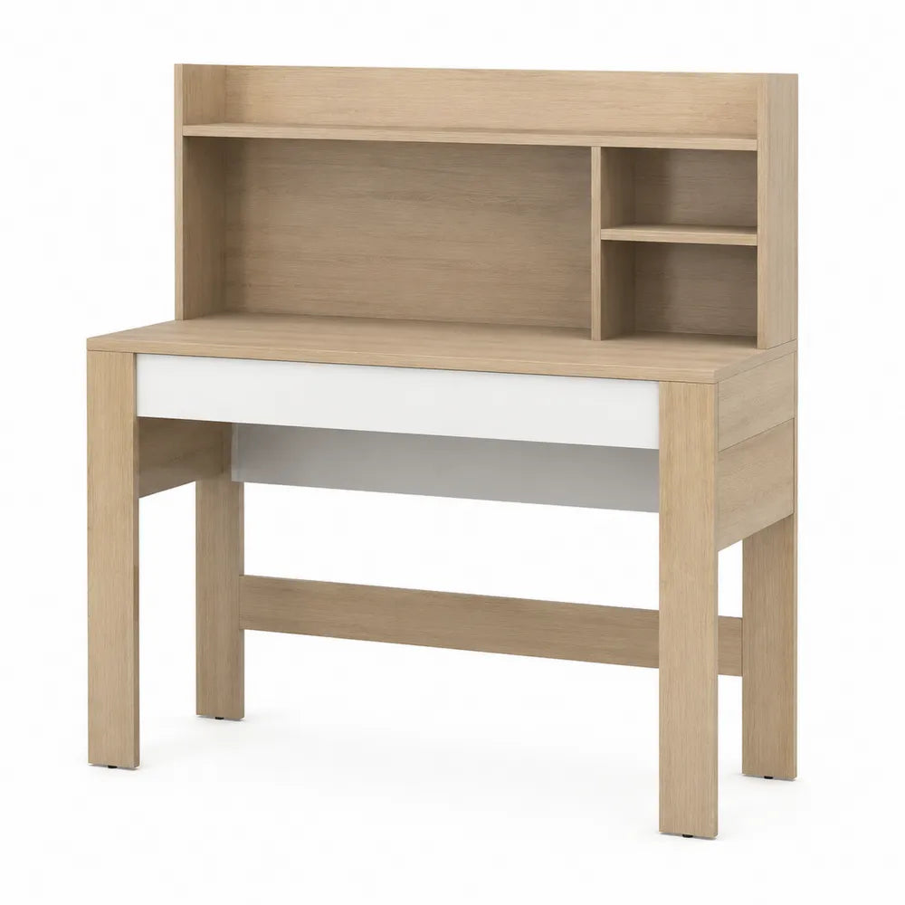 Bureau en bois avec étagères intégrées en chêne clair et blanc