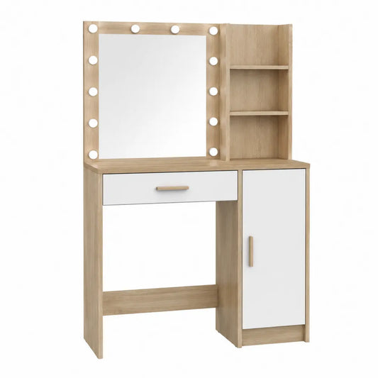 Coiffeuse en bois avec miroir éclairé, étagères et tiroir