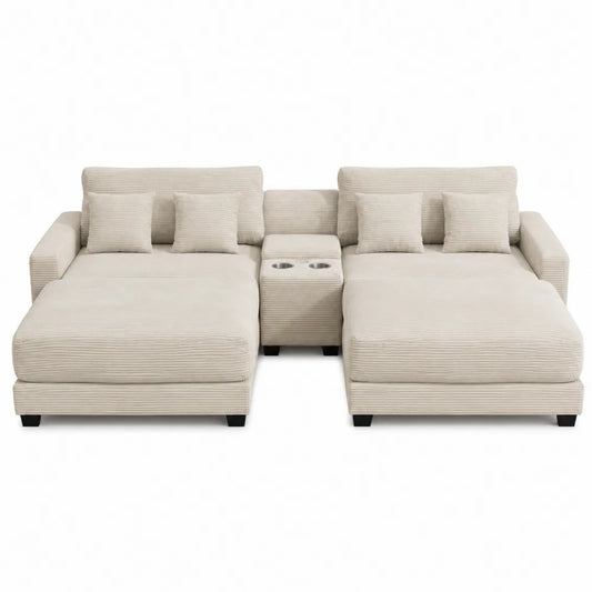 Canapé modulaire en tissu côtelé beige avec méridiennes