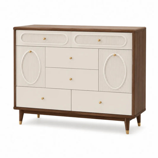 Commode en Bois Massif avec Tiroirs Blancs et Détails Ovales