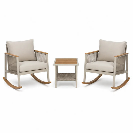 Ensemble de fauteuils à bascule en aluminium et bois avec table et coussins beiges
