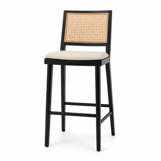 Tabouret de bar en bois noir et rotin avec coussin en polyester beige 105cm