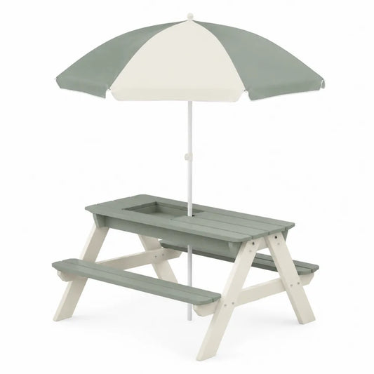 Table de pique-nique pour enfants en plastique avec parasol gris et ivoire
