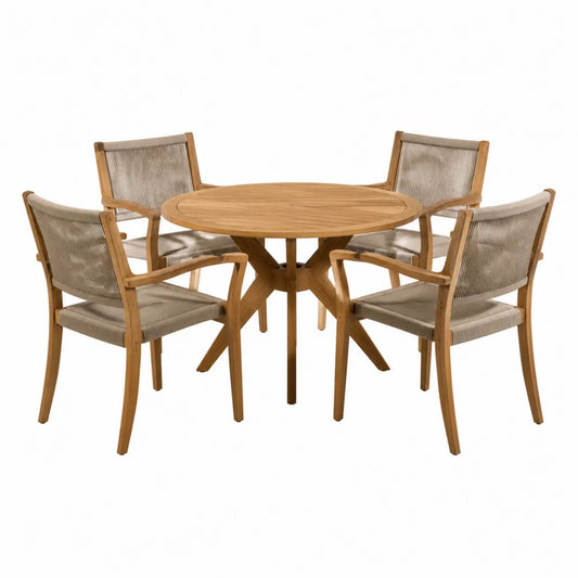 Ensemble de table ronde en teck et chaises en corde