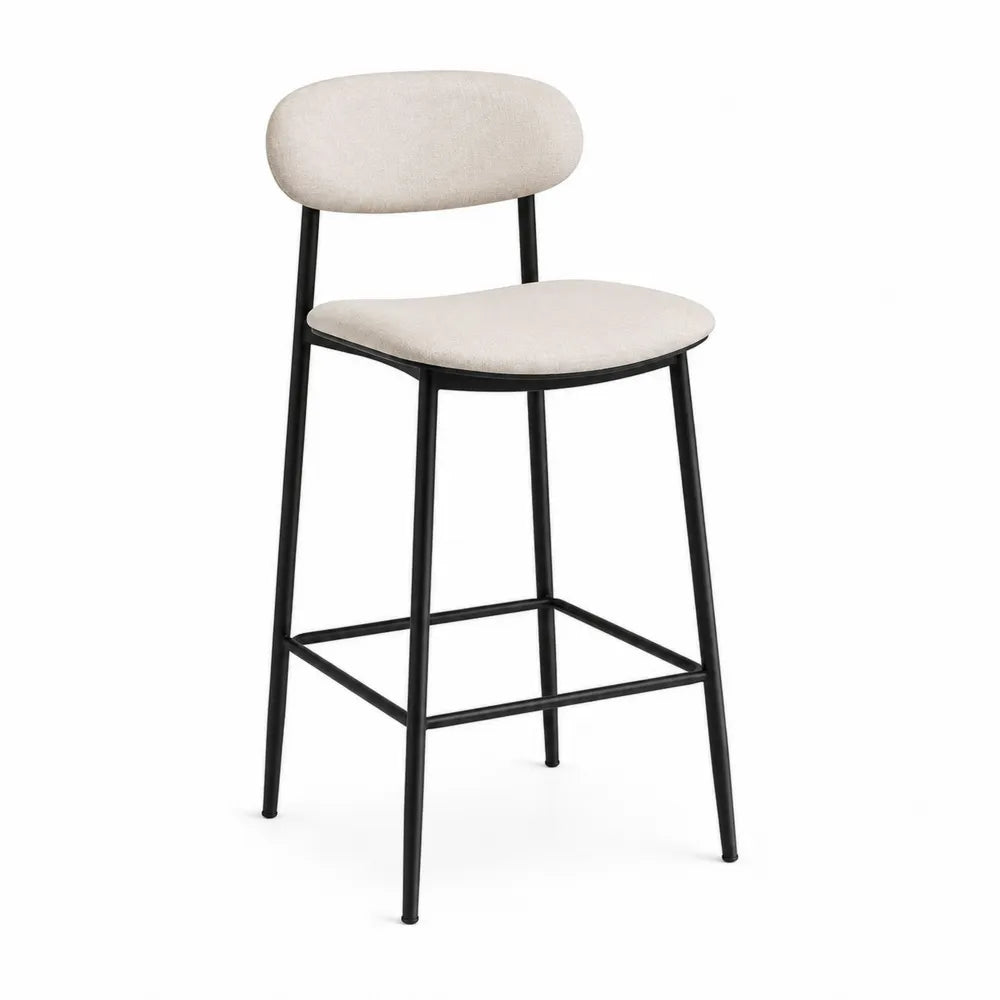 Tabouret en tissu beige avec structure en métal noir