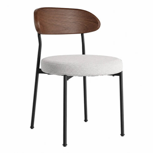 Chaise en métal avec dossier en bois de noyer et assise en tissu gris clair