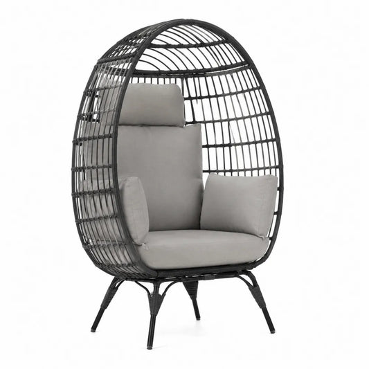 Chaise œuf rotin synthétique noir coussins gris