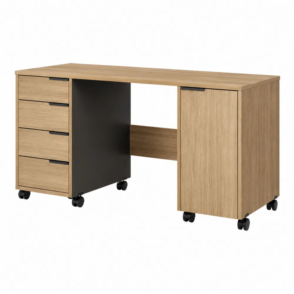 Bureau en bois avec tiroirs et porte sur roulettes 120 cm