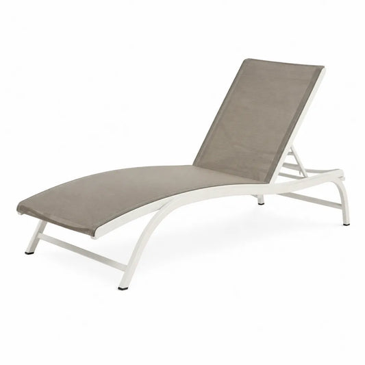 Chaise longue de jardin en aluminium et textilène, beige et blanc