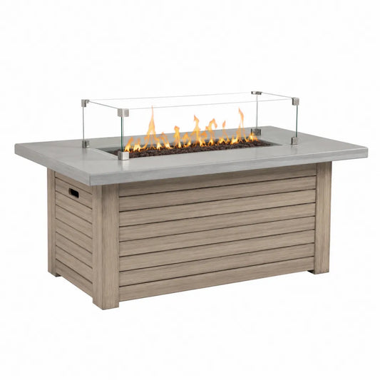 Table de feu extérieure en bois composite et béton avec verre trempé
