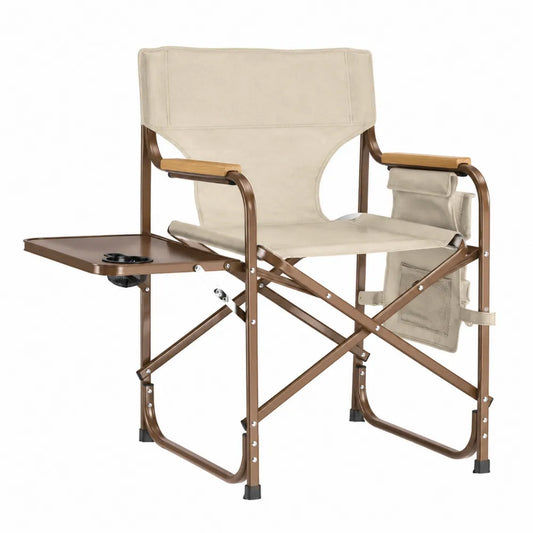 Chaise pliante en métal et toile beige avec plateau latéral