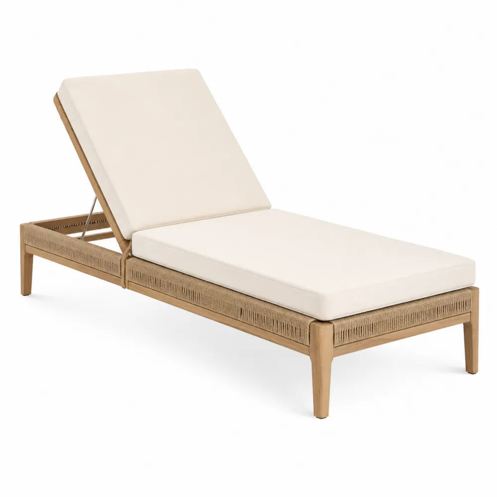 Chaise Longue Extérieure en Teck et Coussins Beiges