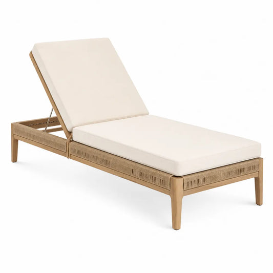 Chaise Longue Extérieure en Teck et Coussins Beiges