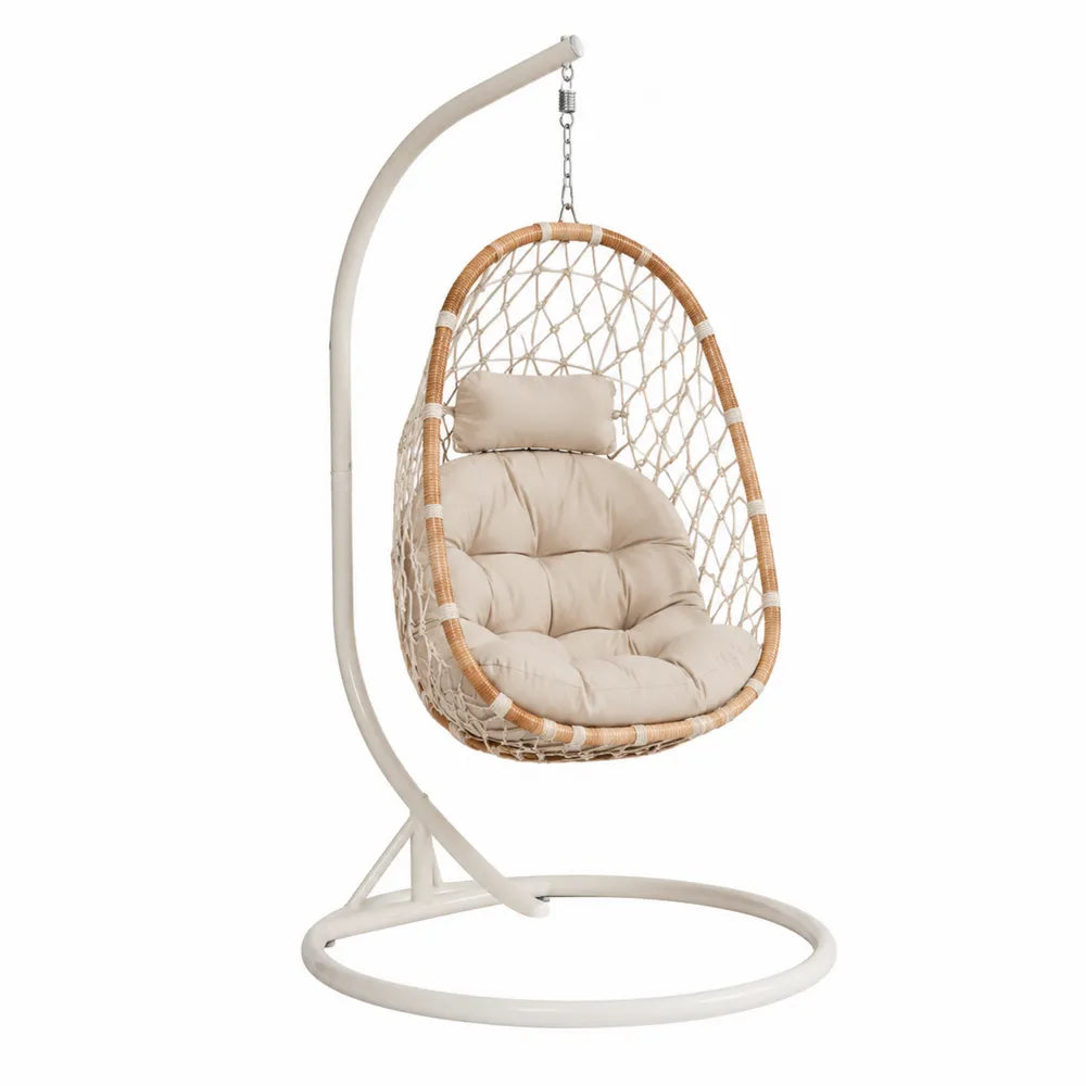 Chaise suspendue en résine tressée avec coussin beige et structure en métal