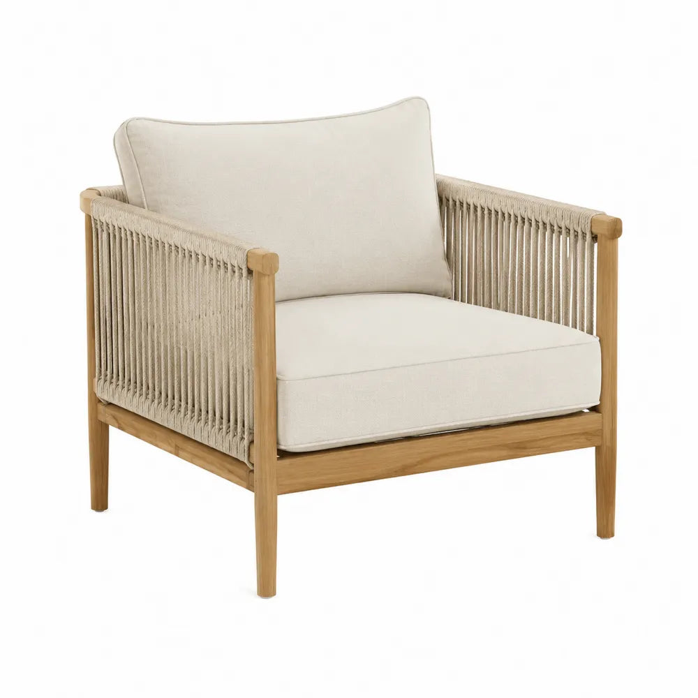 Fauteuil en bois de teck et corde avec coussin beige 75x80x82cm