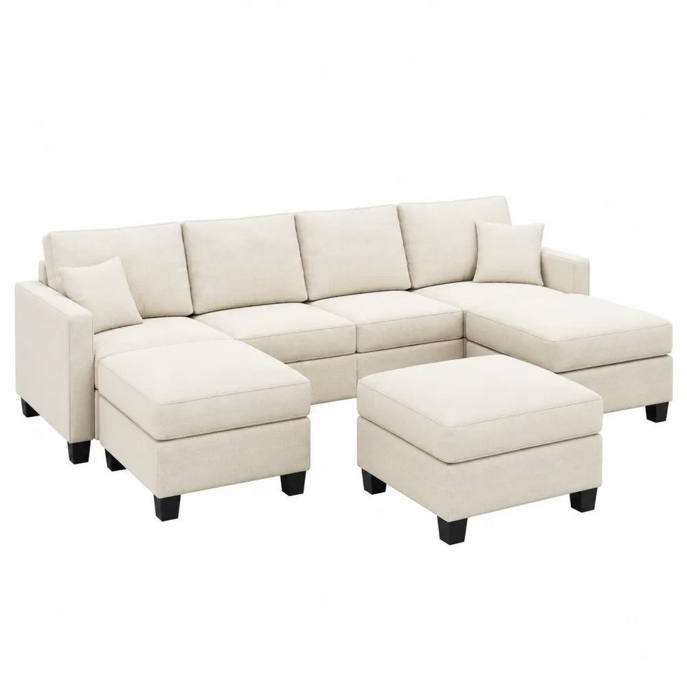 Canapé modulaire en tissu beige avec poufs