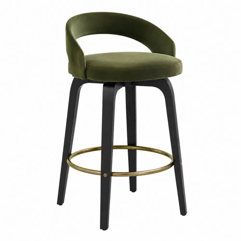 Tabouret de bar pivotant en velours vert avec structure en bois et repose-pied en métal