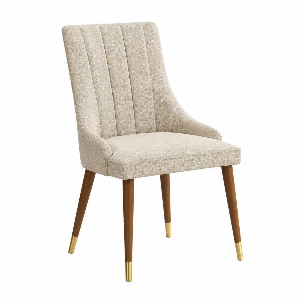 Chaise en bois avec tissu polyester beige et pieds en laiton