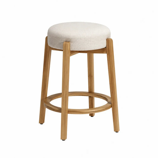 Tabouret de bar en bois avec assise en lin beige, hauteur 75 cm