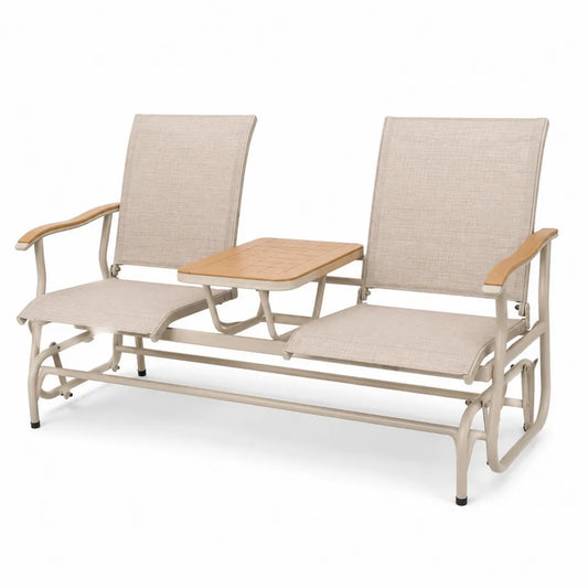 Banc double en métal et tissu avec table centrale en bois d'acacia