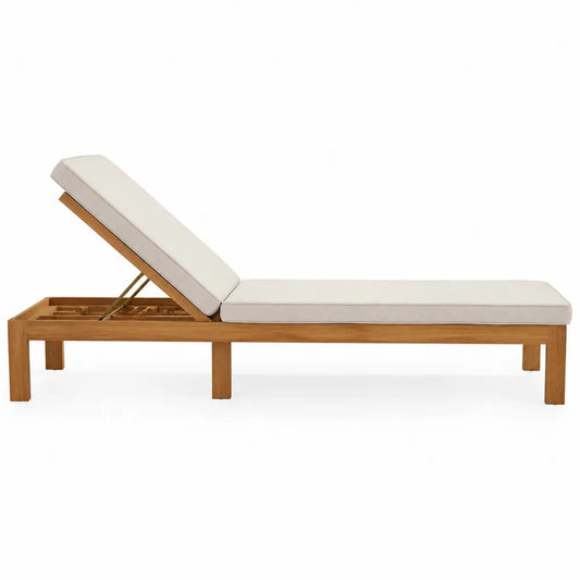 Chaise longue d'extérieur en teck avec coussin en mousse beige