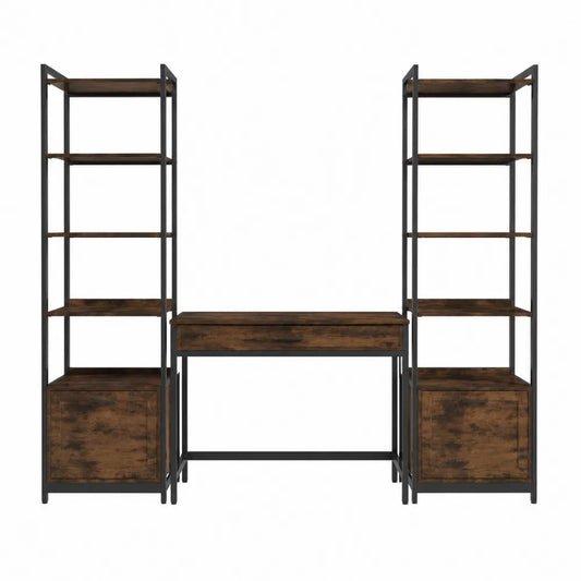 Bureau en bois et métal avec deux étagères marron et noir