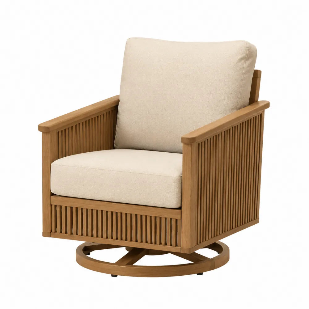 Fauteuil pivotant en bois avec coussins en polyester beige